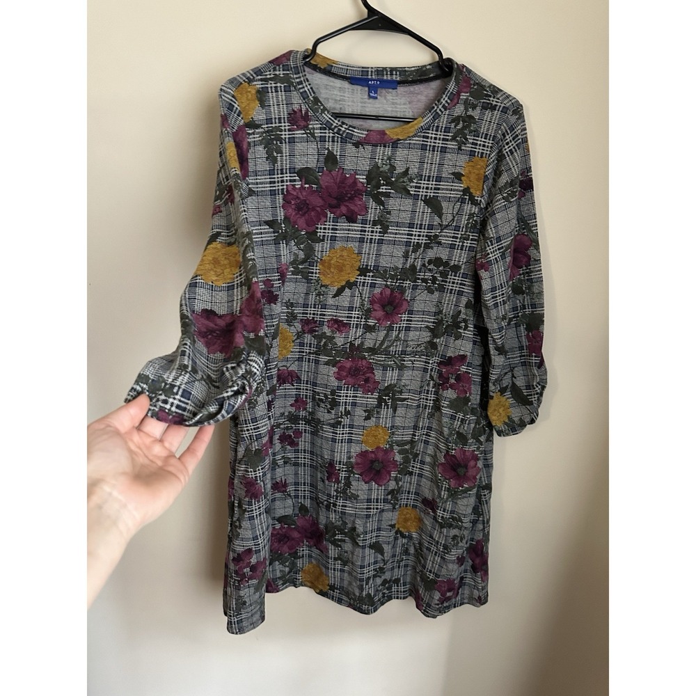 Apt. 9 Womens Floral Plaid Knit Mini Dress Grey Purple Yellow Long Sleeve‎ Large